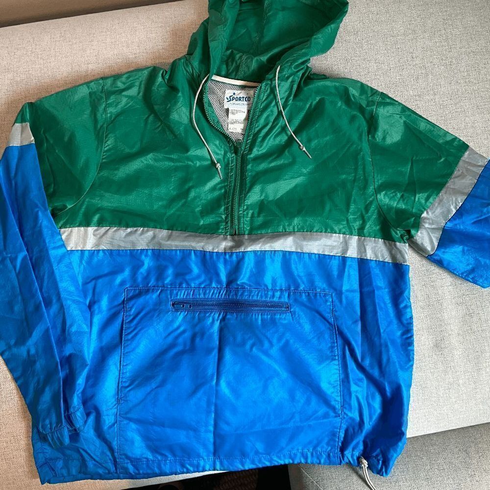 Vintage 80s Sportco Colorblock Windbreaker Jacket Hooded Nylon S USA Made